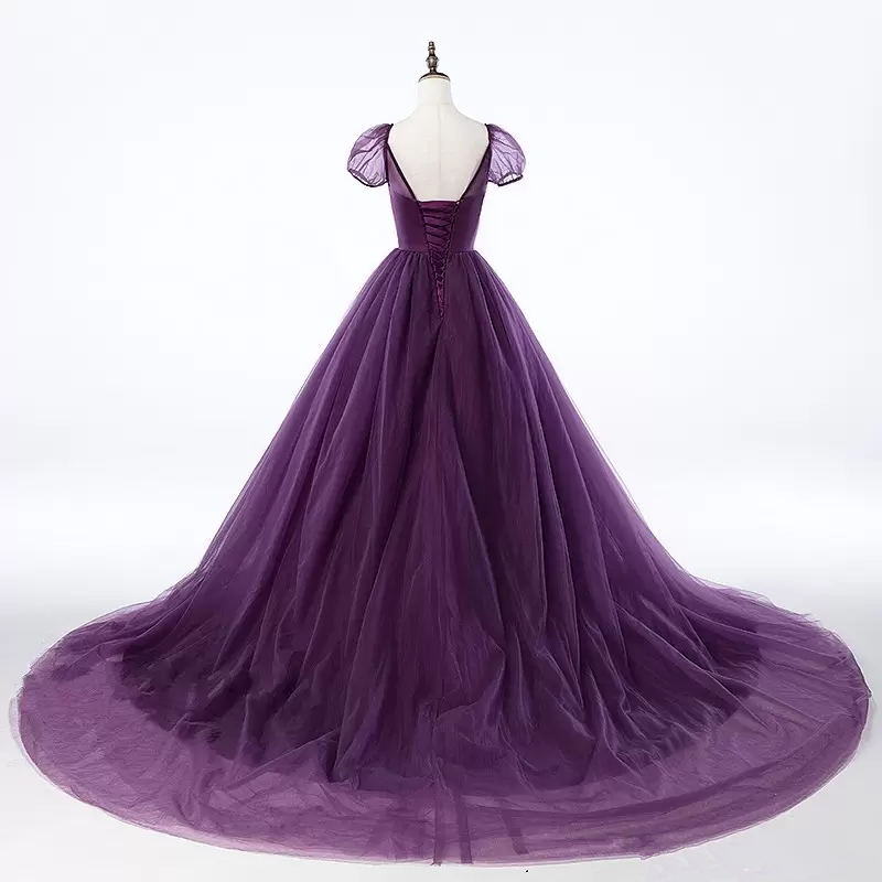 Purple Ball Gown Tulle Short Sleeve Backless Train Prom Dress cg10707