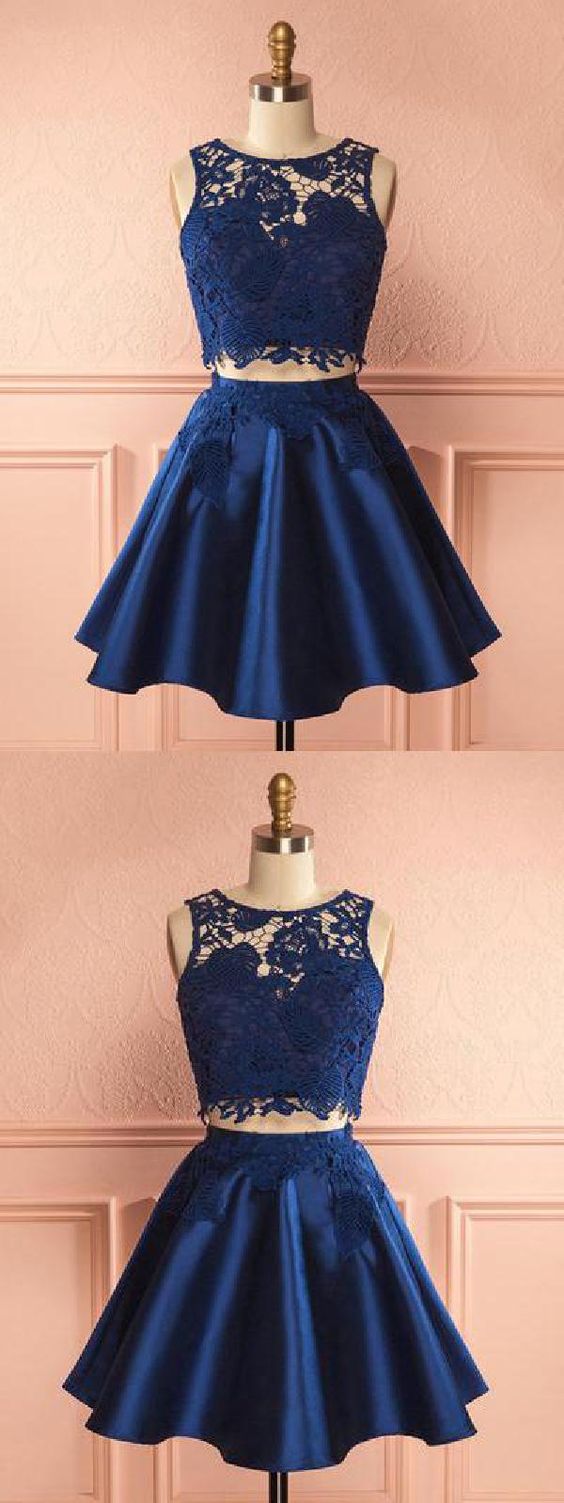 2 Pieces Navy Blue Homecoming Dress Satin Two Pieces Lace Homecoming Dress Party Dress