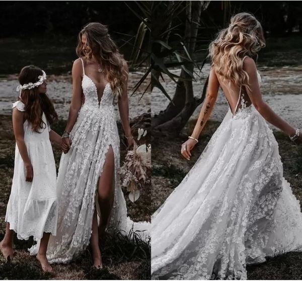 A-line V Neck Lace Prom Dress With Split cg16889