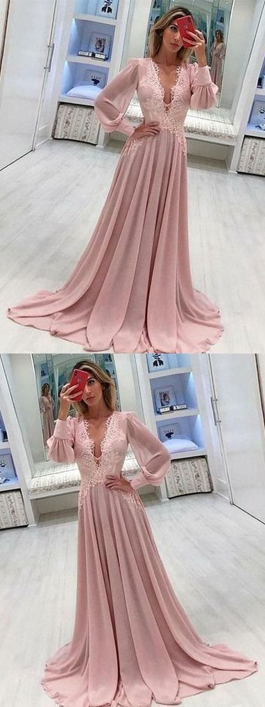 Long Sleeve Prom Dresses Deep V Neck A Line Pink Prom Dress Chiffon Long Evening Dress cg1032