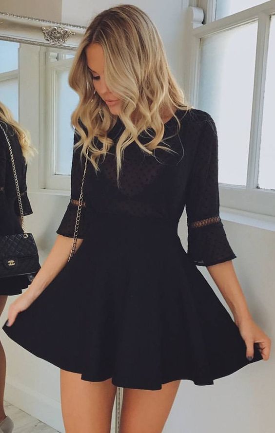 A-Line Jewel Half Sleeves Satin Little Black homecoming Dress cg1038