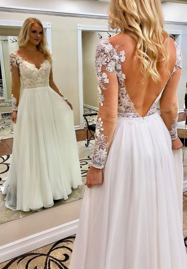 WHITE V NECK CHIFFON LACE LONG PROM DRESS WHITE FORMAL DRESS cg10396