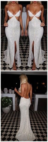Side Slit Spaghetti Straps Sequined Sexy Cocktail Evening Long Prom Dresses cg10442