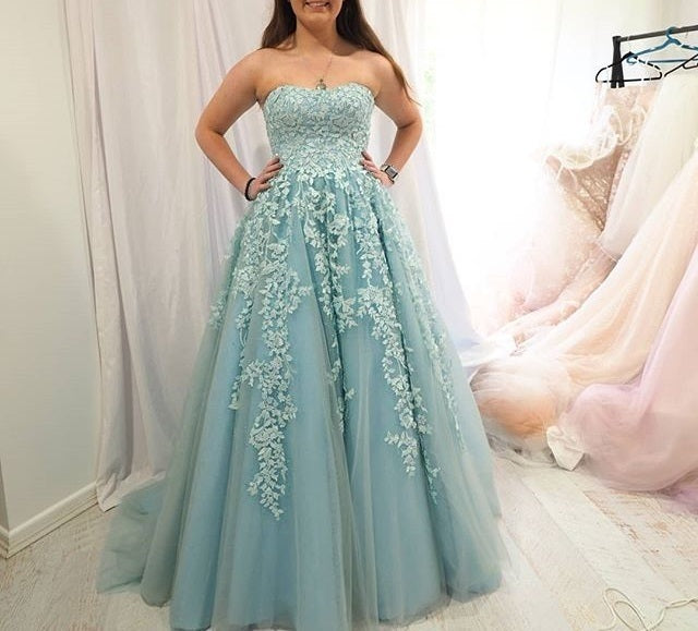 Modest Tulle Open Back Evening Dress with Appliques, Formal Prom Dress cg10447