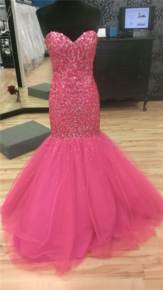Mermaid Sweetheart Corset Back Hot Pink Tulle Beaded Sparkly Prom Dress cg10452