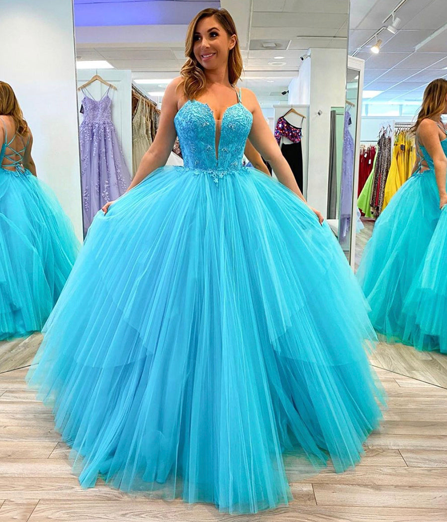 BLUE TULLE LACE LONG PROM GOWN EVENING DRESS cg10466