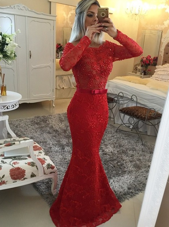 Mermaid Long Sleeves Scoop Lace Long prom Dress cg10480