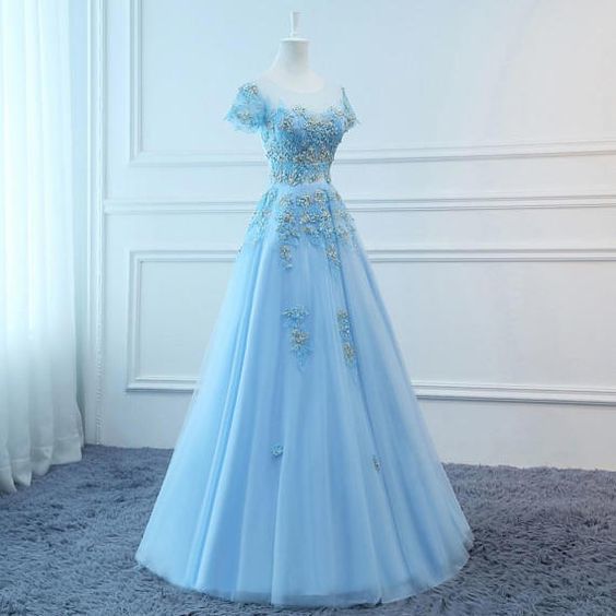 Prom Dresses Long Blue Evening Dresses Foral Tulle Dress cg10483