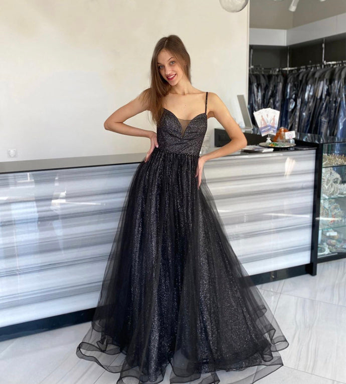BLACK TULLE SEQUINS LONG PROM DRESS EVENING DRESS cg10490
