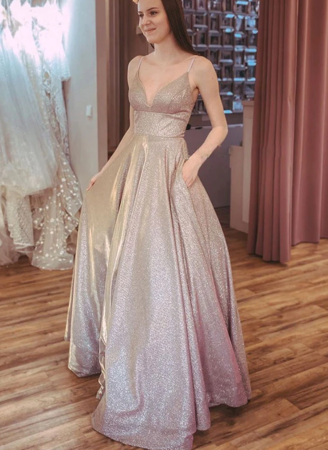 Champagne v neck sequin long prom dress sequin formal dress cg10512
