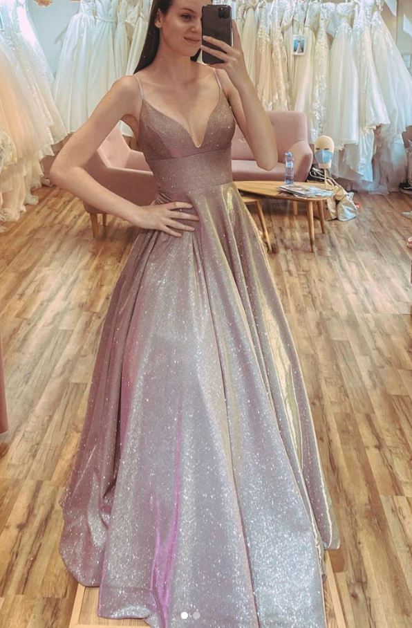 Champagne v neck sequin long prom dress sequin formal dress cg10512