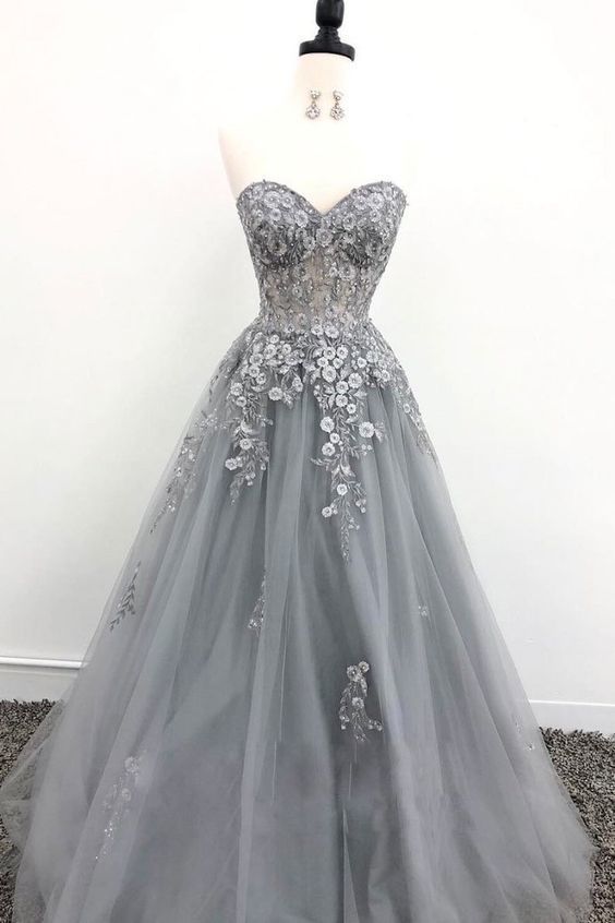 Grey Tulle Lace Appliques Long Prom Dress, Grey Evening Dress cg10543