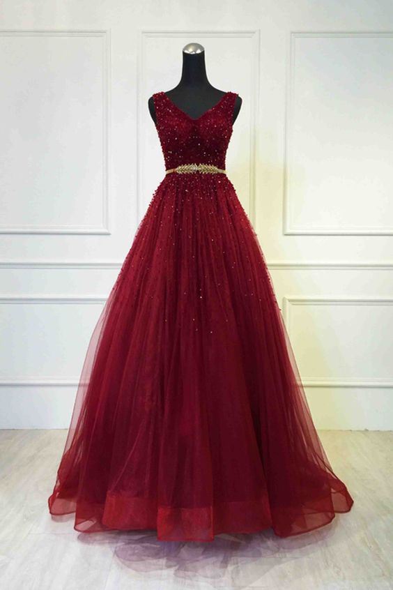 Red tulle sequins v-neck sash A-line long prom dresses cg10626