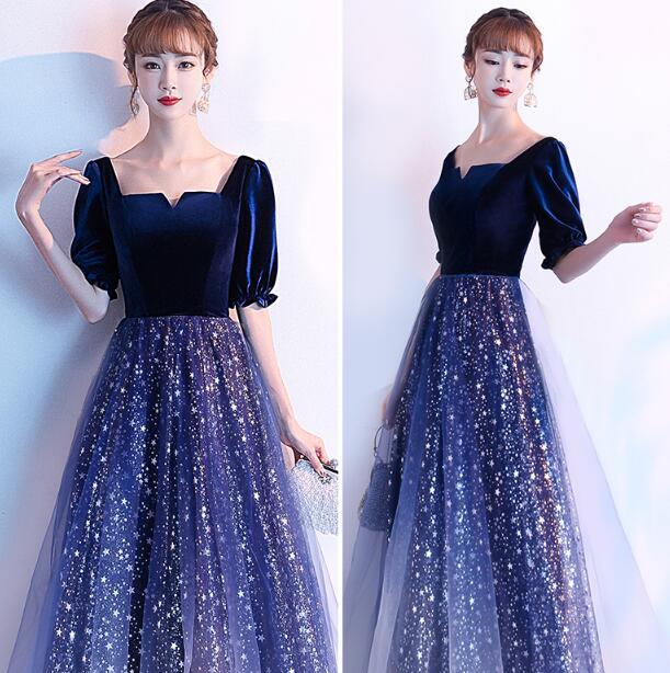 Navy Blue Shiny Tulle And Velvet Long Bridesmaid prom Dress, Wedding Party Dress cg10754