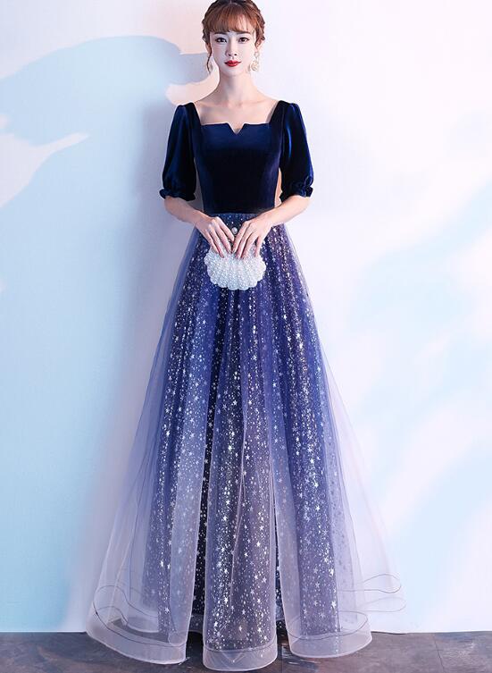Navy Blue Shiny Tulle And Velvet Long Bridesmaid prom Dress, Wedding Party Dress cg10754