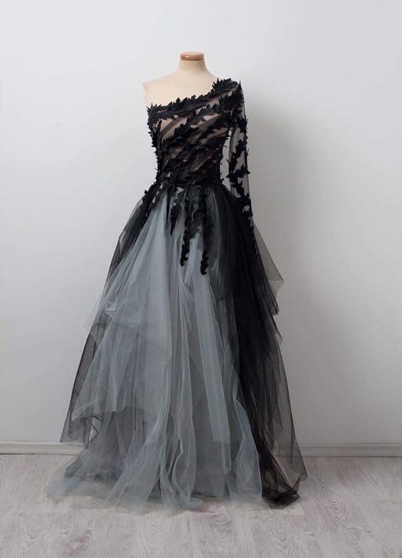 Black Ball Gown Wedding Dresses Tulle one shoulder Wedding Gown Unique prom dress cg11090