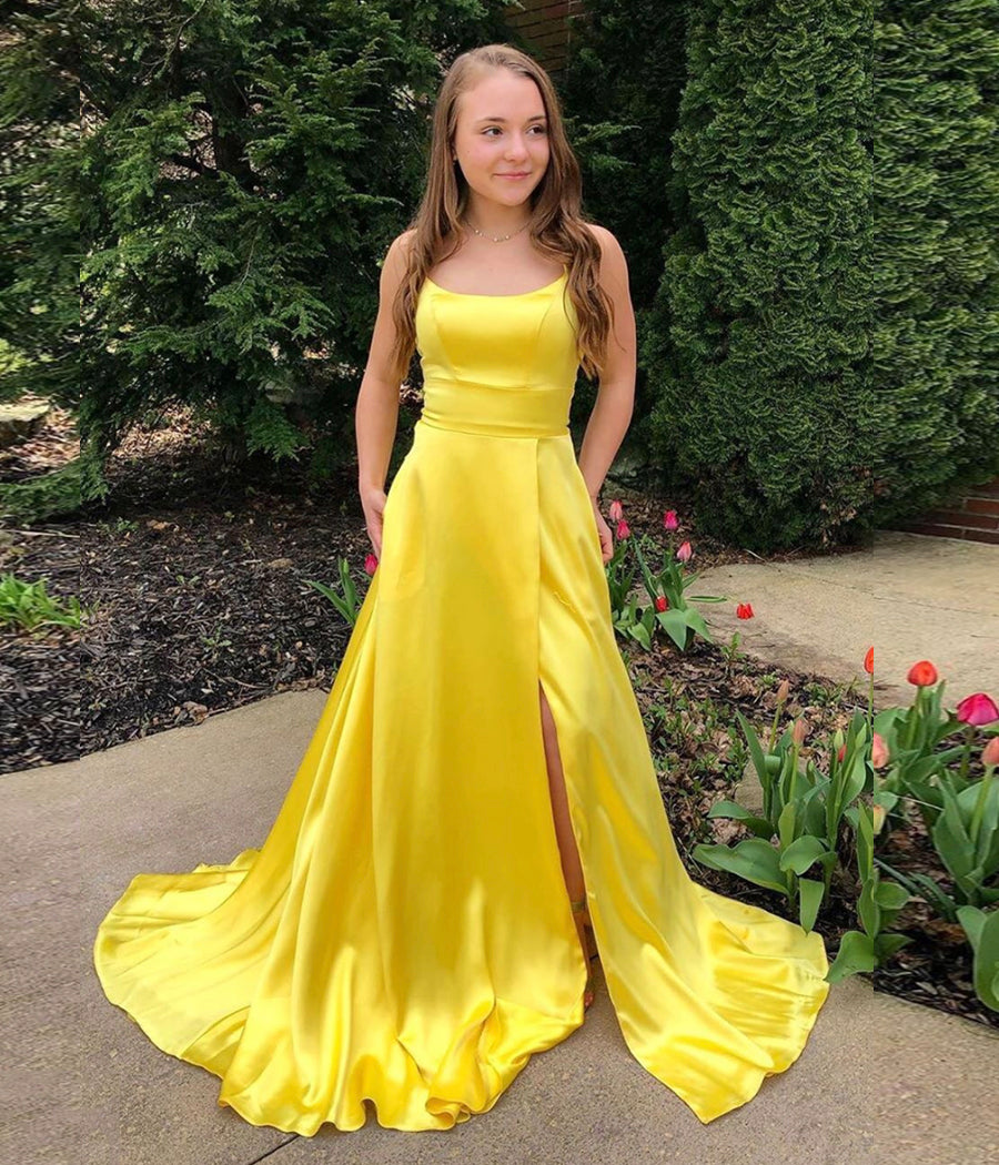 YELLOW SATIN LONG PROM DRESS SIMPLE EVENING DRESS cg11177