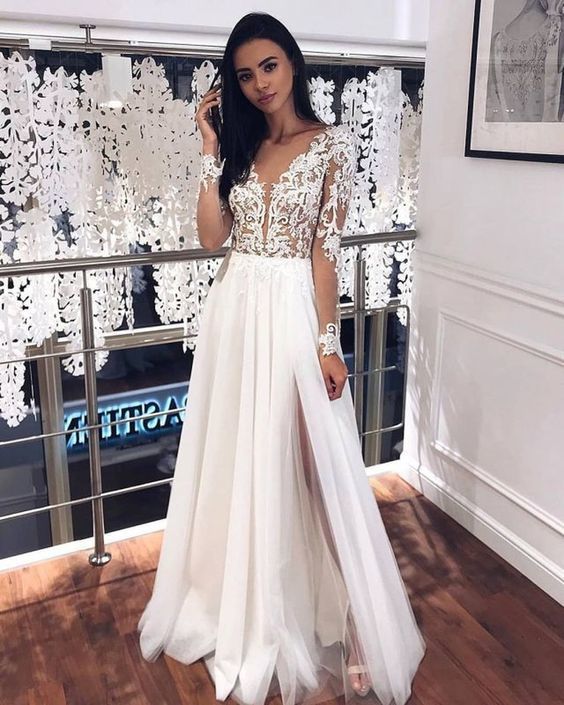 Fashion V Neck Long Sleeves Split Wedding Dresses prom Dresses cg11377