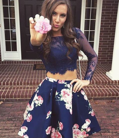 Cute Two Piece Bateau Long Sleeves Lace Short Blue Floral Homecoming Dress cg1138