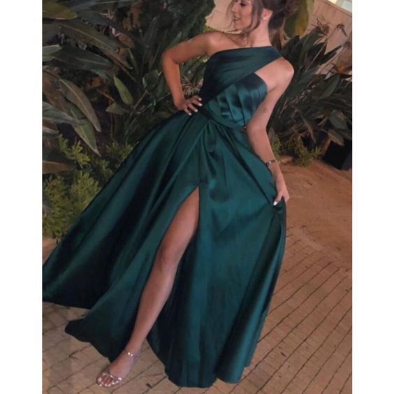 green prom dresses pleats side slit satin floor length evening dresses cg11610