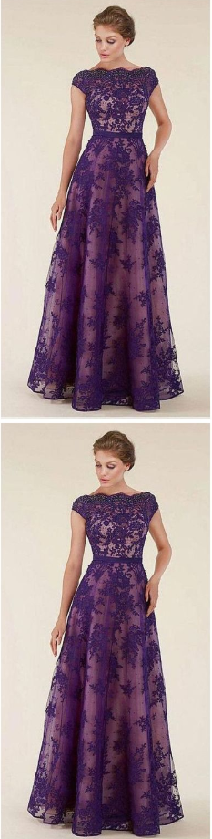 Elegant Floor Length Evening Dress, Bateau neckline Tulle Lace Appliques Mother of Bride Dress, A Line Prom Dress cg1168