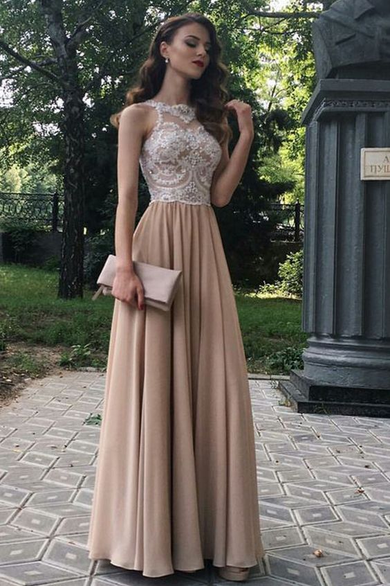 A-Line Beaded Lace Chiffon Long Prom Dresses Formal Evening Dresses cg1207