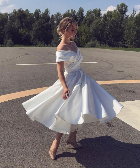 WHITE OFF SHOULDER SATIN TEA LENGTH PROM DRESS WHITE EVENING DRESS cg12209