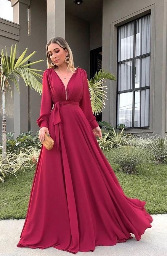 V Neck Long Sleeves Prom Dresses cg12229
