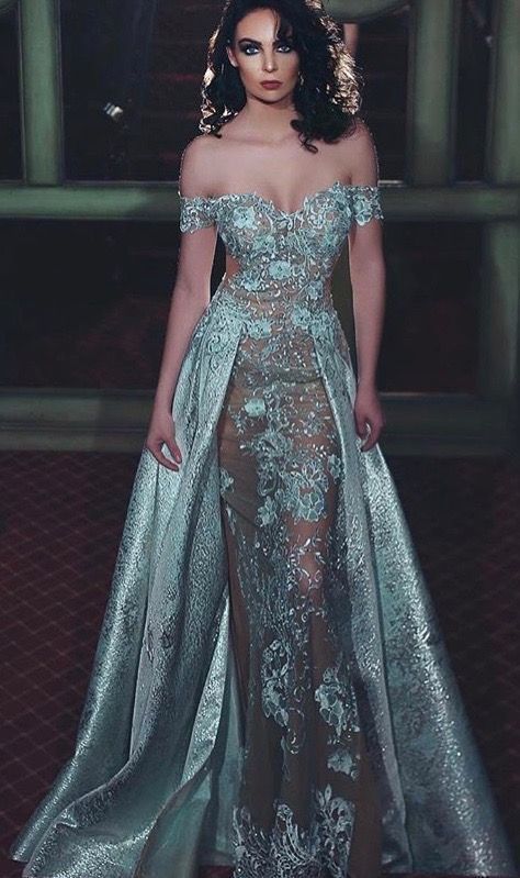 Gorgeous off the shoulder sea foam green dress w/ detachable train prom dress cg1271