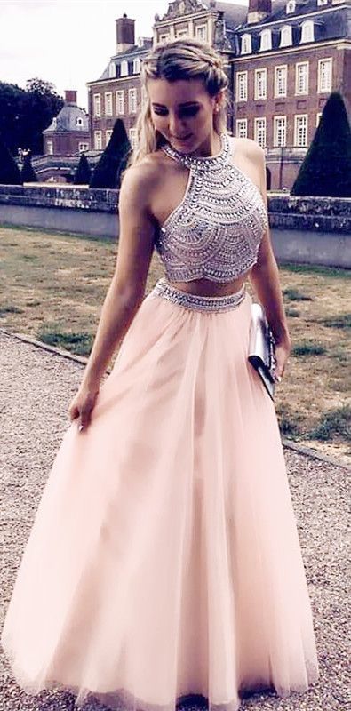 Two Piece Prom Dresses Pink Long Formal Dresses Tulle Evening Dress Formal Gowns cg1317