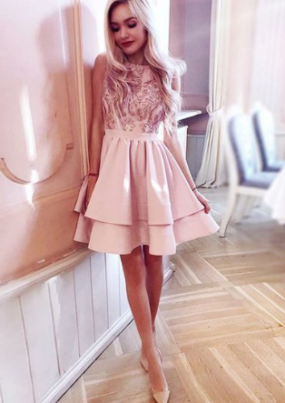A-Line Round Neck Tiered Pink Homecoming Dress with Lace cg1336