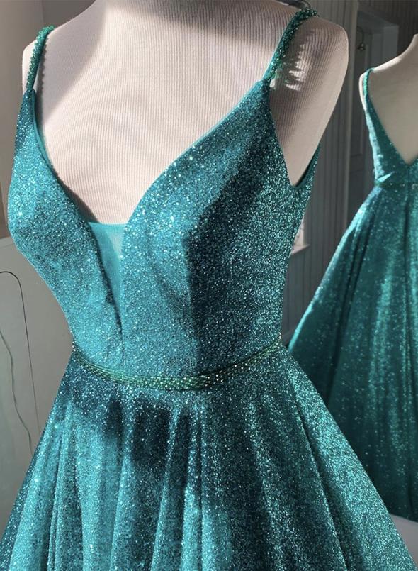 Shiny A line long prom dress blue v neck evening dress cg13424
