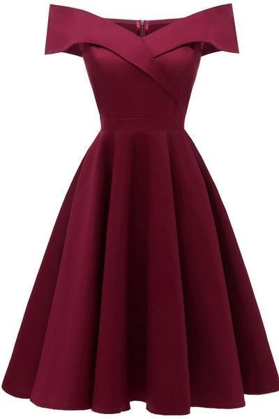 Burgundy Off-the-shoulder Satin A-line Prom Dress cg1358