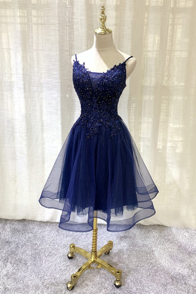Navy Blue V-Neckline Tulle Short Homecoming Dress, Lace Applique Short Party Dress cg13782
