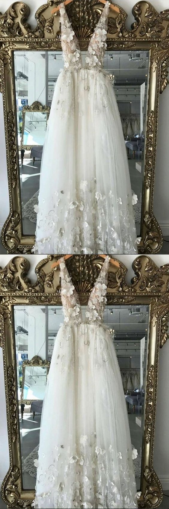WHITE V NECK TULLE LACE LONG PROM DRESS, WHITE EVENING DRESS cg1410