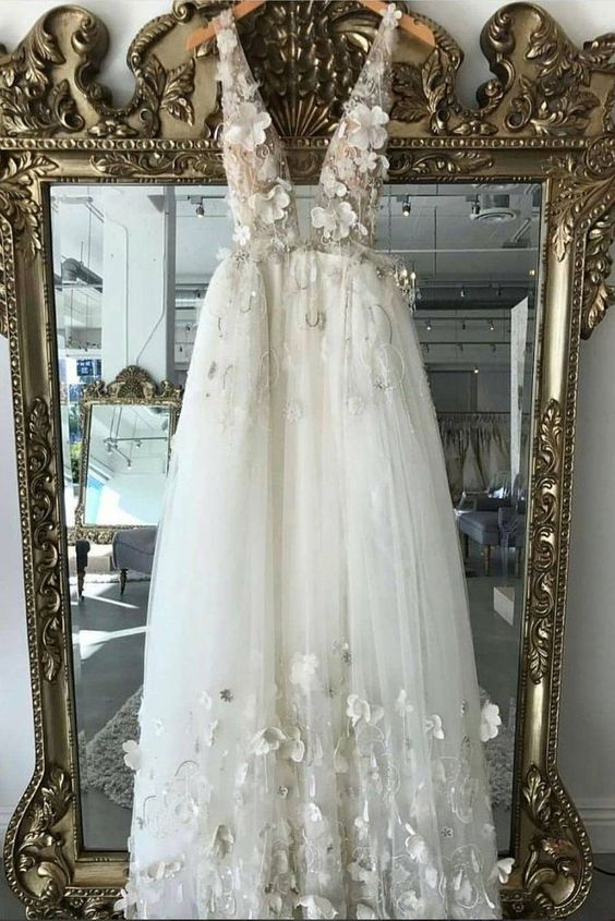 WHITE V NECK TULLE LACE LONG PROM DRESS, WHITE EVENING DRESS cg1410
