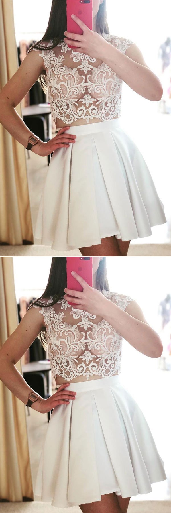 Cute white two pieces lace short dress, white homecoming dress cg1424