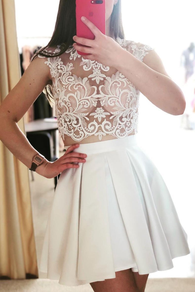 Cute white two pieces lace short dress, white homecoming dress cg1424