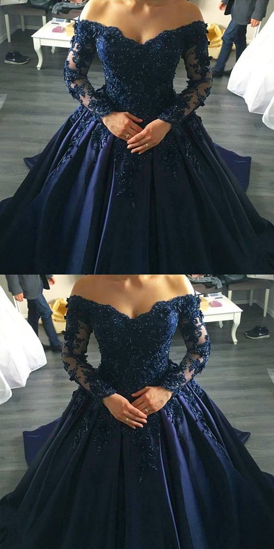 Navy Blue Lace Appliques Long Sleeves Ball Gowns Wedding Dresses Off Shoulder cg1431