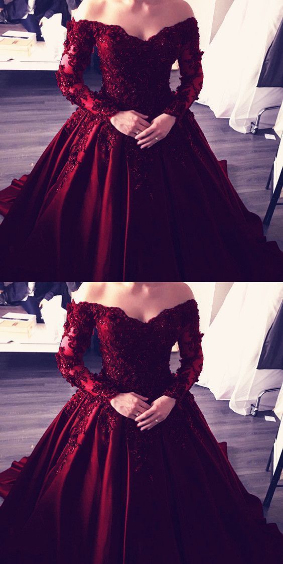 Navy Blue Lace Appliques Long Sleeves Ball Gowns Wedding Dresses Off Shoulder cg1431