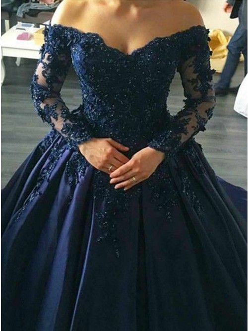 Navy Blue Lace Appliques Long Sleeves Ball Gowns Wedding Dresses Off Shoulder cg1431