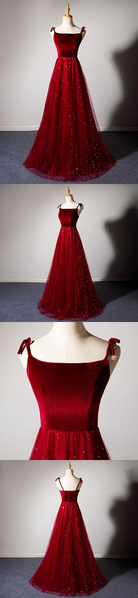 Sparkly Tulle Long Prom Dress A Line Spaghetti Straps Burgundy Prom/Evening Dress cg1433