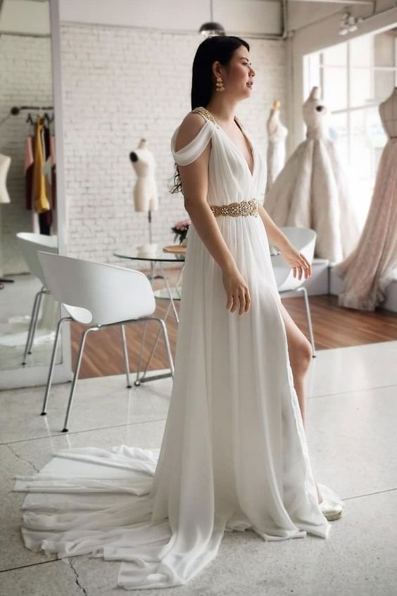 Beautiful A Line V Neck White Beach Wedding Dresses with Ruffles prom dress cg14354