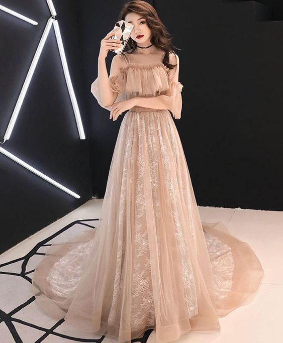 Pink tulle long prom dress, pink tulle evening dress cg1439