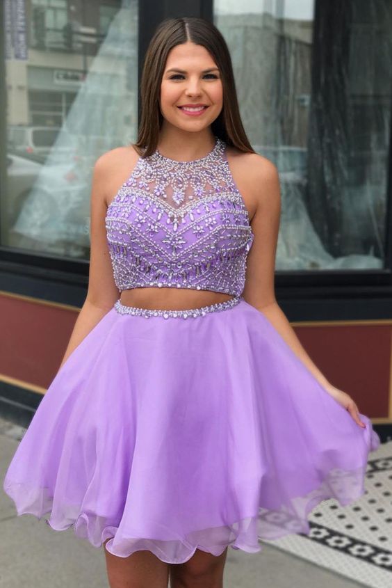 Two Piece Jewel Neck Beading Lilac Homecoming Dress cg1486