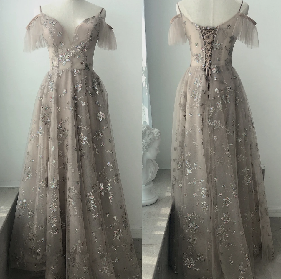 Beautiful Light Champagne Straps Long Party Dress, A-Line Floor Length Prom Dress cg14868