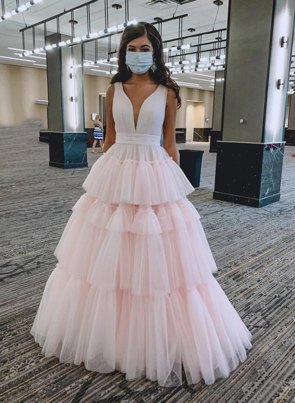 Pink v neck tulle long prom dress pink evening dress cg15570