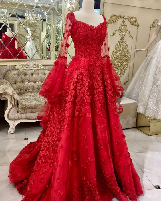 A-line red tulle and lace appliqued long plus size formal dress prom dress cg15664