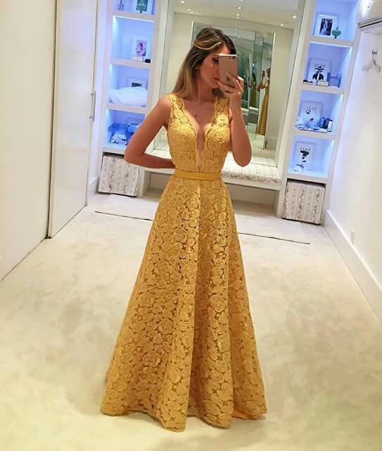 A-line V Neck Yellow Prom Dress, Lace Prom Dress cg15704