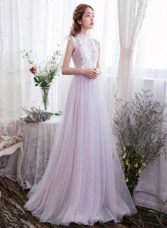 Light Lavender Tulle With Lace Long Evening Dress, Elegant Prom Dress Formal Dress cg15882
